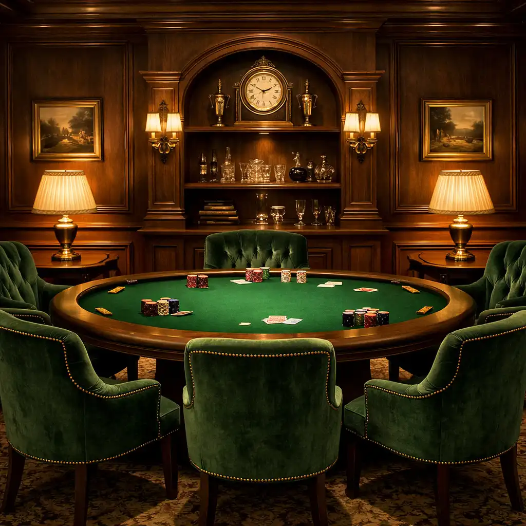 Kameralny card room Polskiej Sceny z ciemnym drewnem, aksamitnymi fotelami i stołem pokerowym