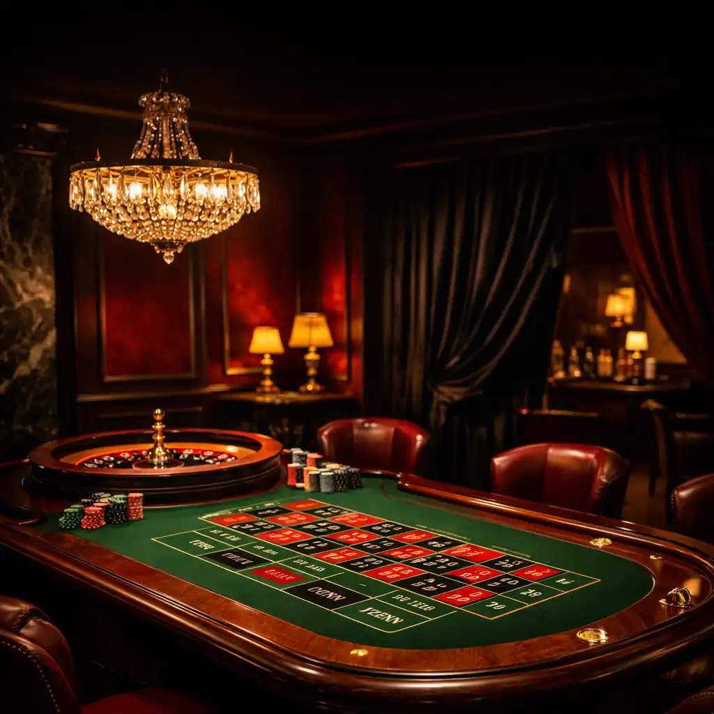 Elegancki stół do ruletki w mrocznym, luksusowym wnętrzu Casino Lounge