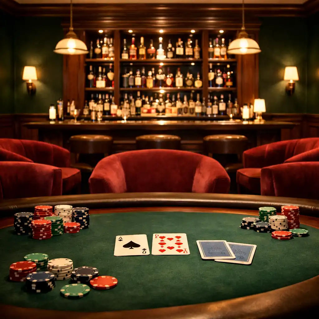 Wnętrze Casino Lounge z widokiem na stół do pokera, barek i aksamitne fotele
