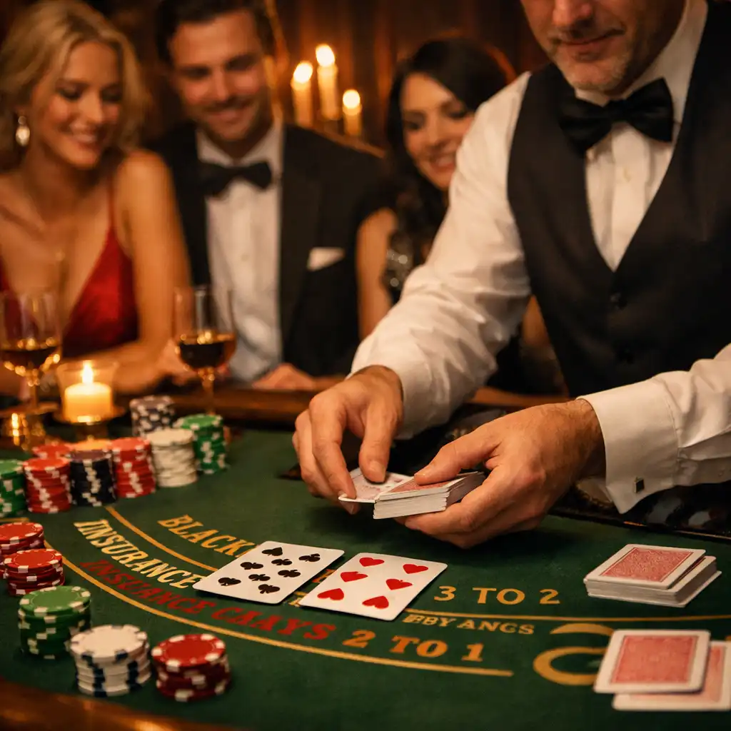 Wieczór tematyczny Casino Night: goście przy stole do blackjacka, krupier rozdający karty