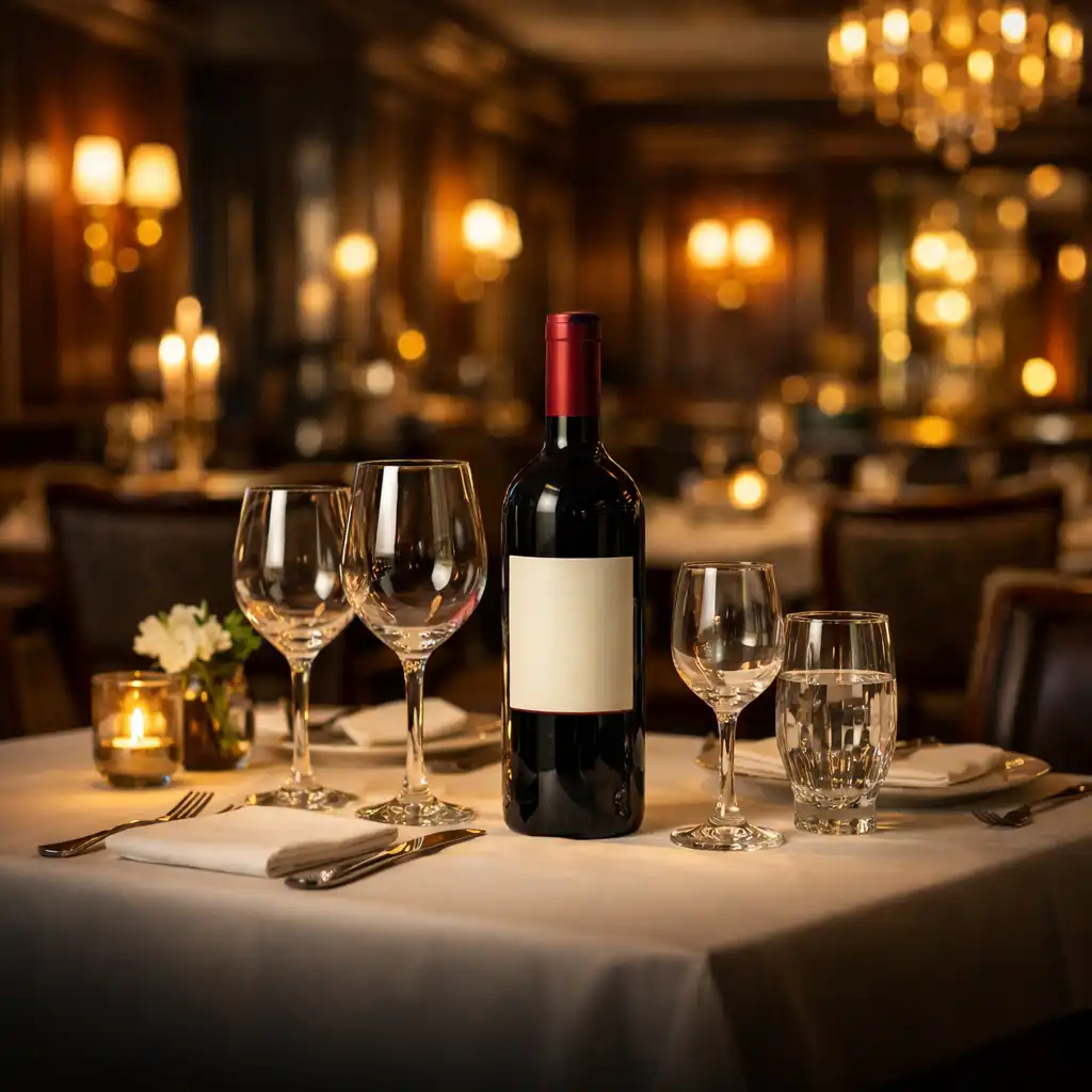 Elegancka restauracja Polska Scena z nakrytym stołem, kryształowymi kieliszkami i butelką czerwonego wina