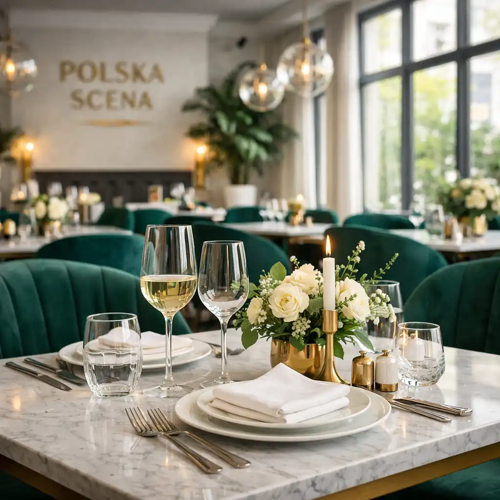 Jasne wnętrze restauracji Polska Scena z marmurowymi stolikami i aksamitnymi krzesłami