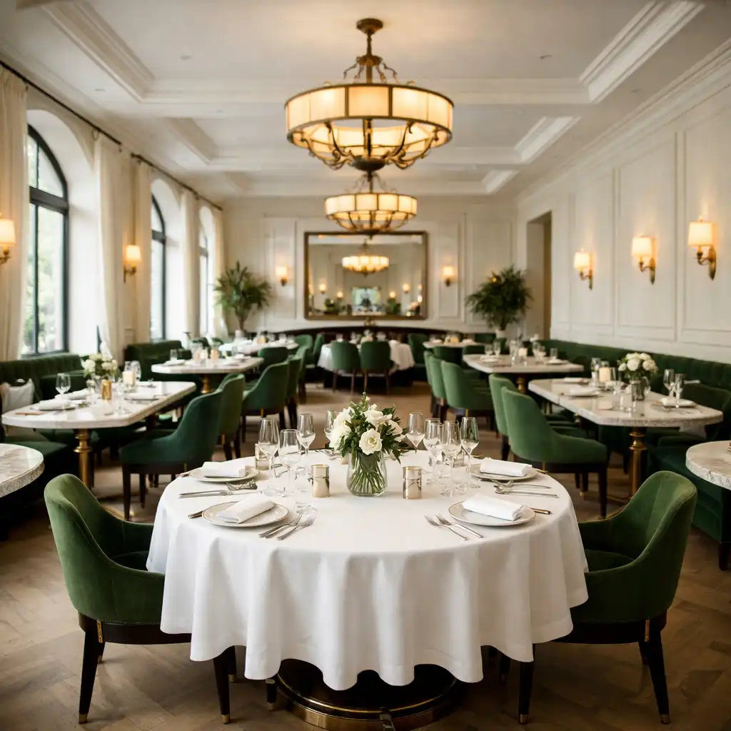 Jasna, elegancka restauracja Polskiej Sceny z marmurowymi stołami i zielonymi akcentami