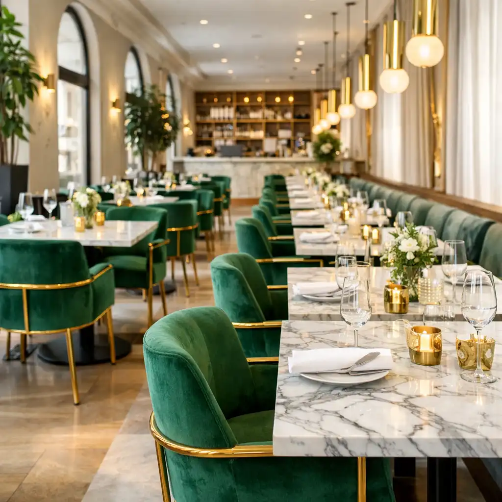 Widok na jasną strefę restauracyjną z marmurowymi stołami i zielonymi krzesłami